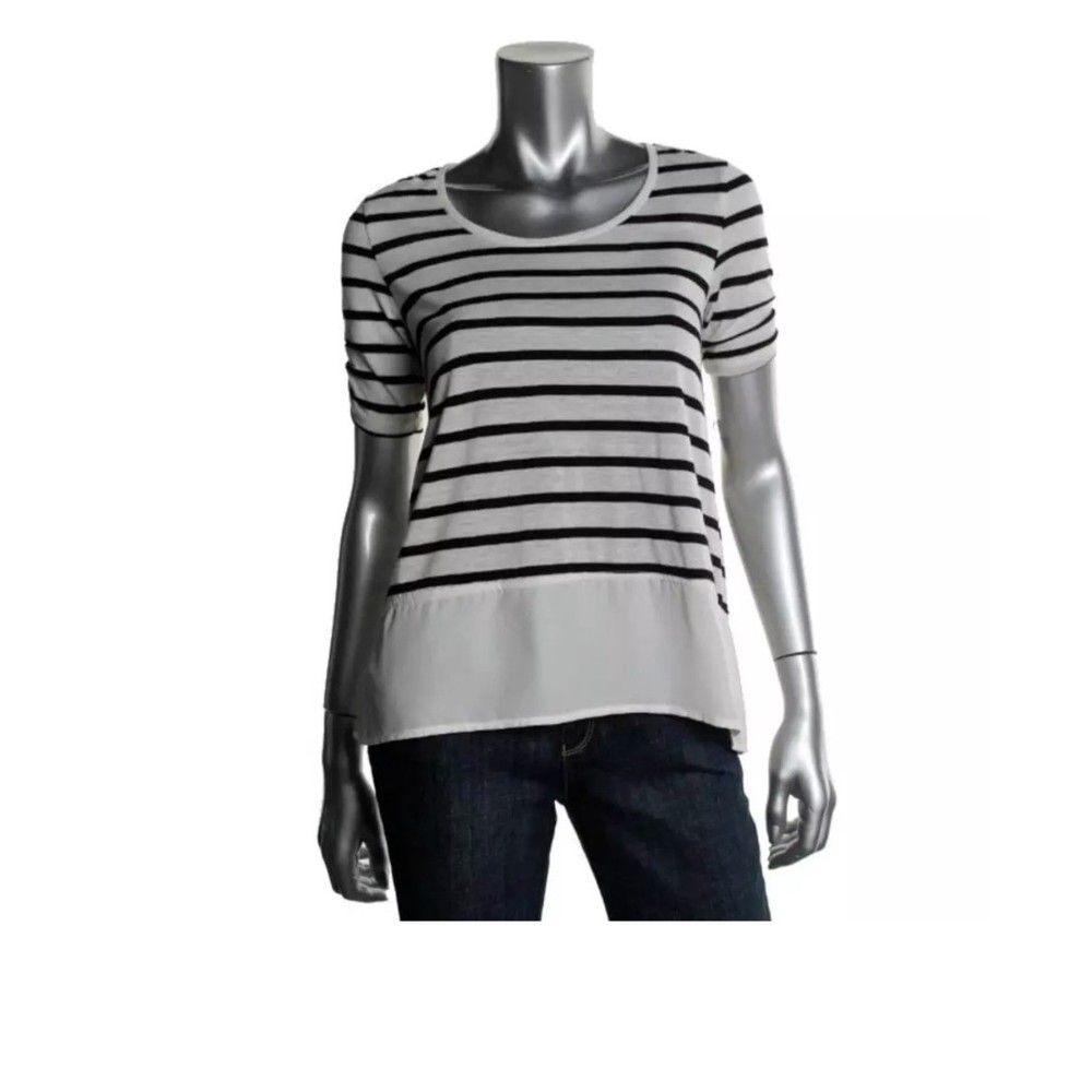 Style and Co Hi Lo Striped Shirt Blouse Black Cream Chiffon Bottom Petite NWT